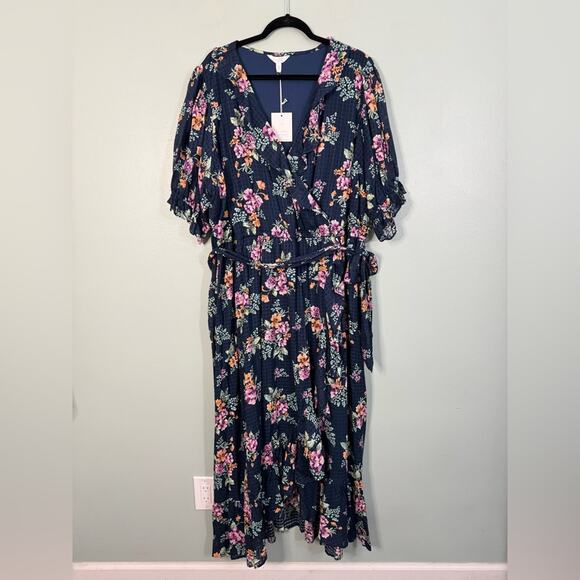 LC Lauren Conrad Floral Waffle Wrap Tie Ruffle Maxi Dress Navy Blue 4X Plus NWT - Picture 2 of 12